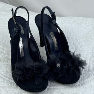 Gino Vaello Women's Size 7 Black Suede Sling Back Peek A Boo Toe Heel Pumps